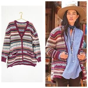 Sundance All’s Fair Isle Cardigan Sweater Size 2X Plum Multicolor Oversized Wool
